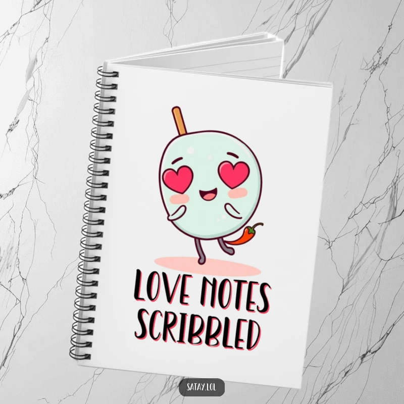 Funny satay skewer character notebook with heart eyes, chased by a tiny chili pepper, perfect for jotting down spicy ideas.