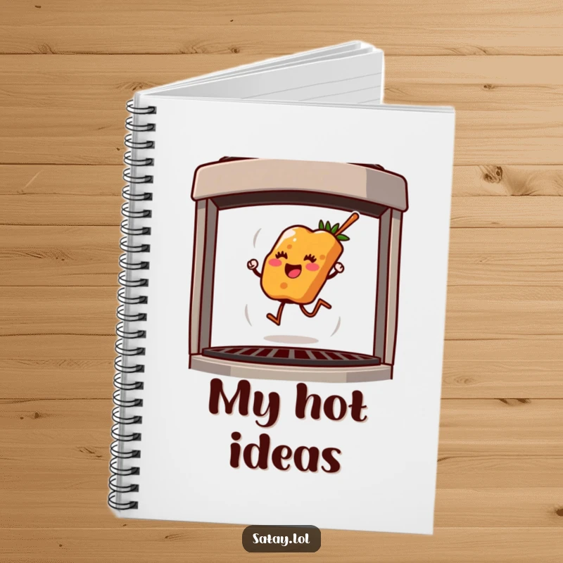 Funny notebook with a cheerful satay skewer hopping on a grill, inspiring creativity and culinary thoughts.