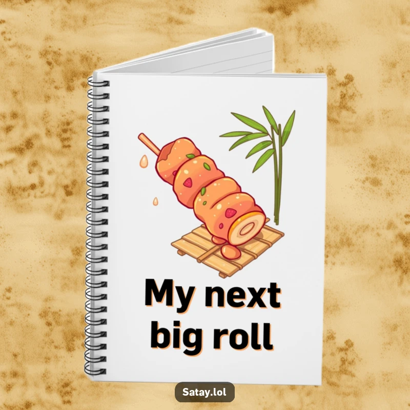 Funny satay skewer notebook, showing a skewer rolling down a bamboo mat, a humorous journal for capturing creative thoughts.