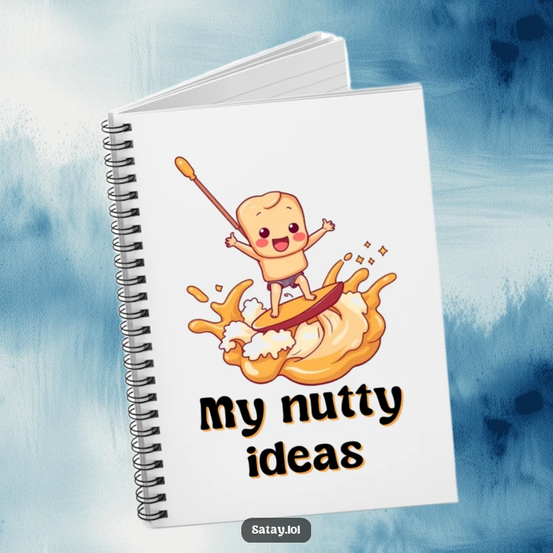 Funny satay skewer character surfing a flowing peanut sauce wave, featured on the cover of this humorous notebook.