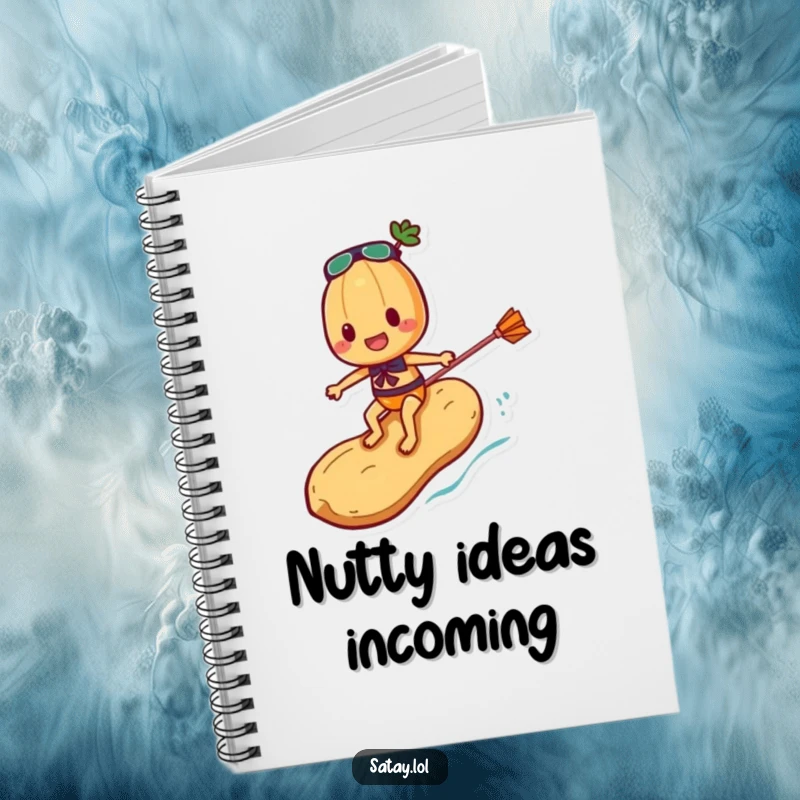 Funny Satay Skewer Notebook featuring a skewer character surfing a peanut, designed for capturing exciting thoughts and humorous notes.