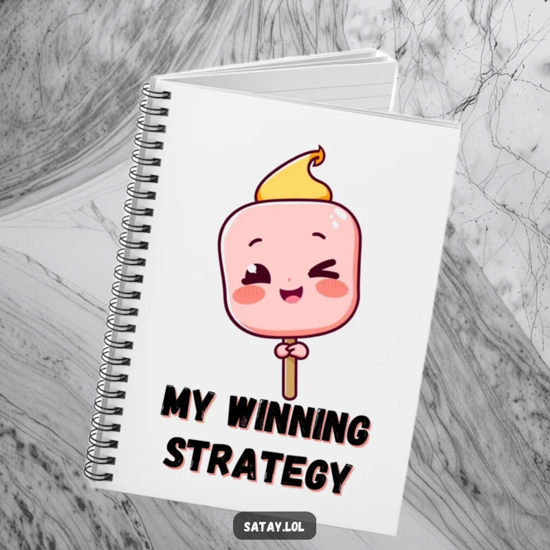Funny Satay Skewer Notebook with a character winking playfully after a successful flip, perfect for jotting down clever ideas.
