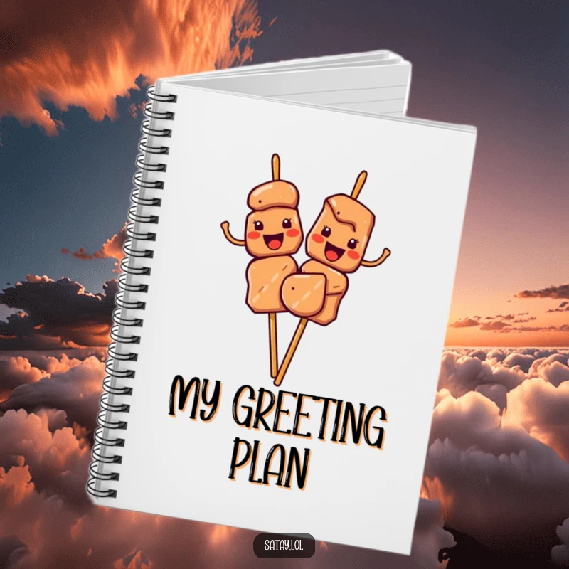 Funny Satay Skewers Notebook with characters waving their meat pieces cheerfully, perfect for jotting down friendly messages.