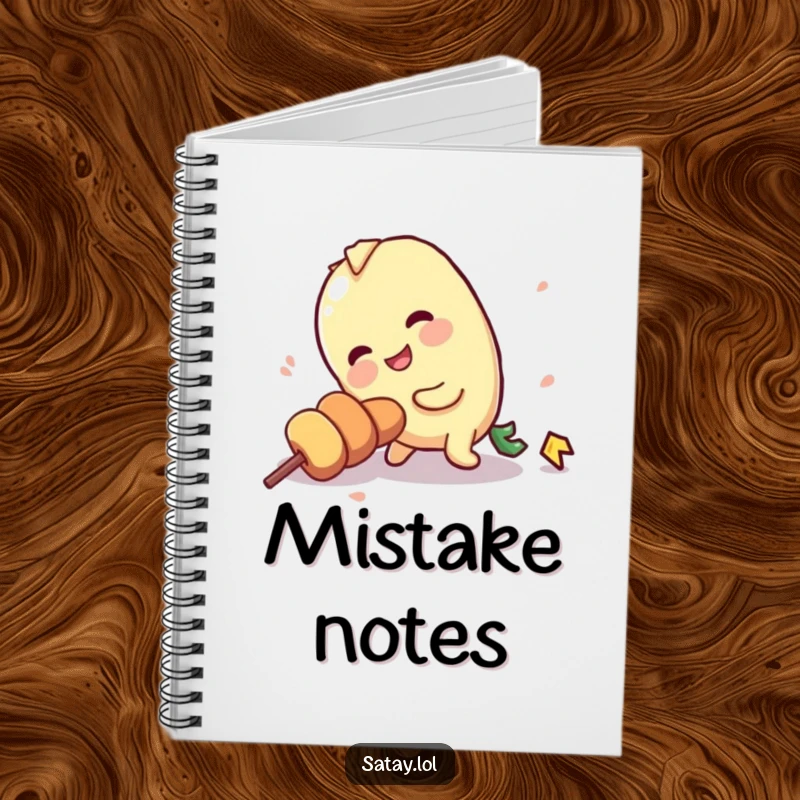 Funny notebook with a satay skewer character hilariously tripping over its own stick, ideal for jotting notes.
