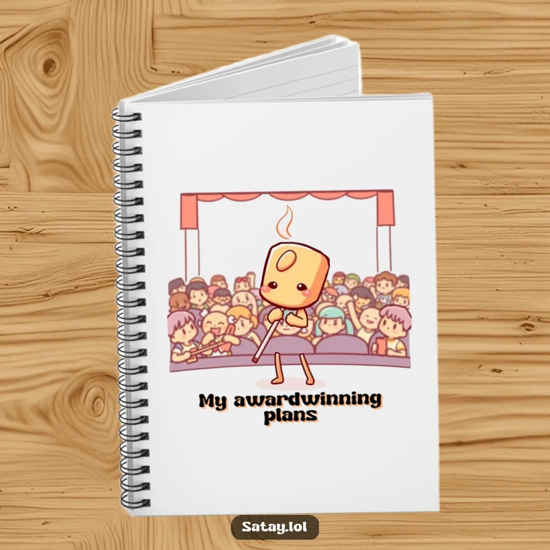 Funny satay skewer in a dramatic bow on the cover of a lined notebook, ready for capturing brilliant ideas.