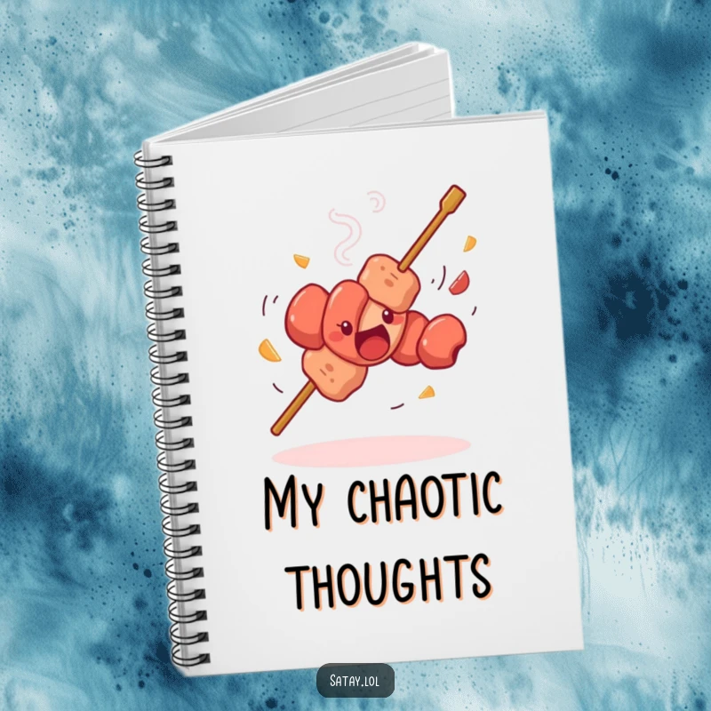 Funny satay skewer dancing notebook, a skewer spinning with whirling meat pieces, a humorous journal for creative minds.