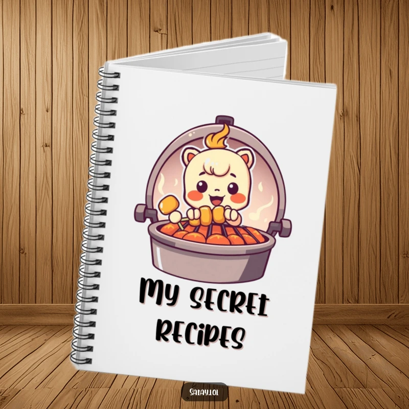 Funny Peeking Satay Skewer Notebook with a skewer character peeking from behind a grill graphic, ideal for recording recipes and ideas.