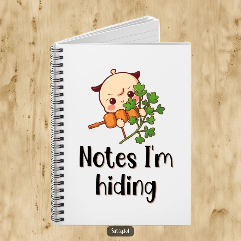 Funny Satay Skewer Notebook featuring a skewer character peeking from behind a parsley sprig, perfect for jotting down shy thoughts with charm.