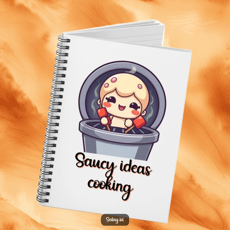 Funny satay skewer character notebook, peeking from a grill with a funny face, perfect for jotting down notes and ideas.