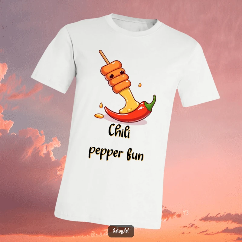 Funny T-shirt depicting a satay skewer making a daring slide down a red chili pepper, embodying spicy fun.