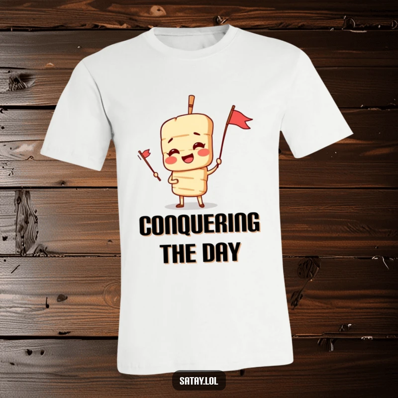 Funny Satay Skewer T-Shirt showcasing a dramatic skewer character posing heroically with a small flag, perfect for BBQ enthusiasts.