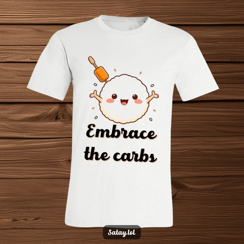 Funny satay skewer and rice ball t-shirt, a skewer hugging a rice ball, perfect for comfort food lovers and humor fans.