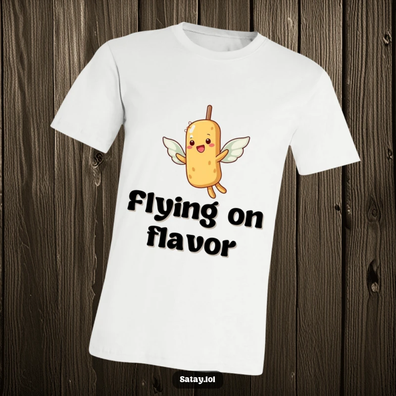 Funny T-shirt depicting a satay skewer with small peanut wings making an attempt to fly, symbolizing hope.