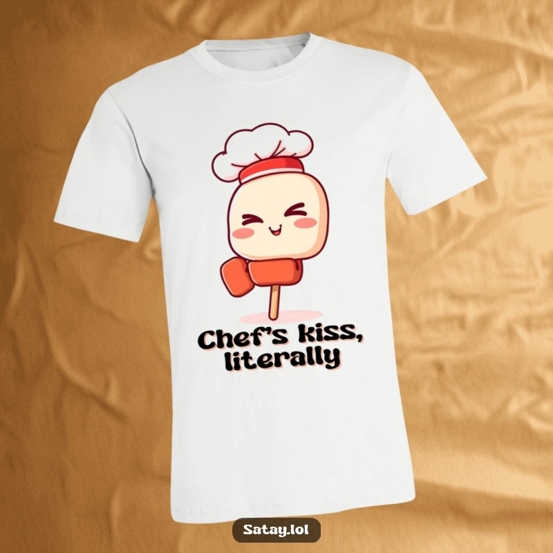 Funny T-shirt featuring a confident satay skewer with a chef hat giving a playful wink, exuding culinary charm.