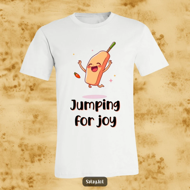 Funny satay skewer and chili pepper t-shirt, the skewer jumps for joy as the pepper waves, expressing culinary excitement.