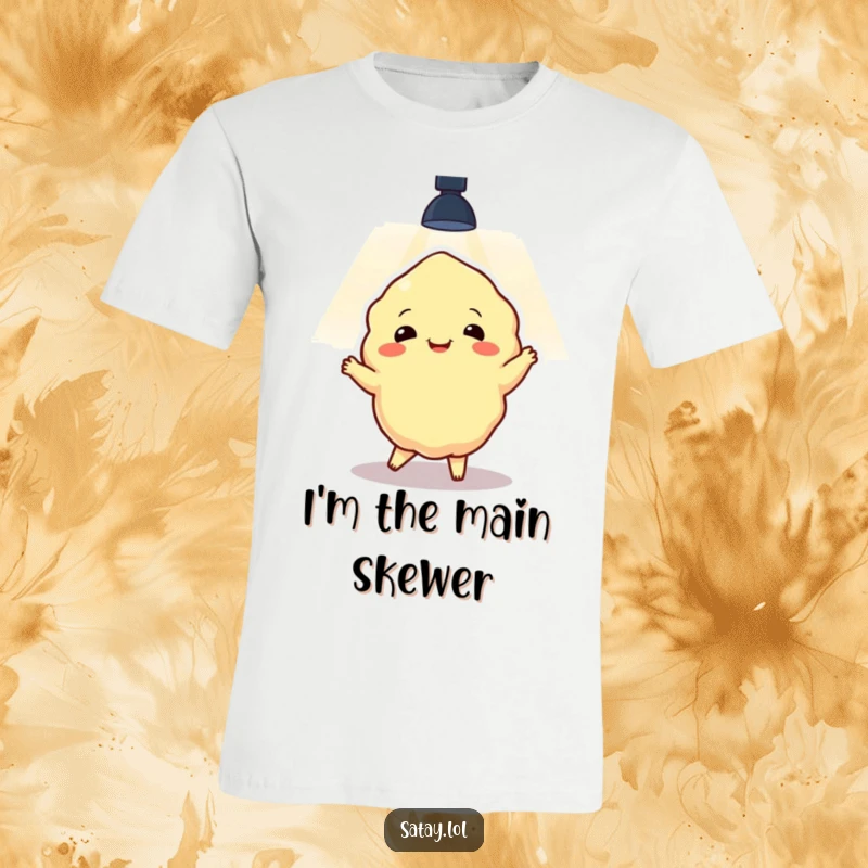 Funny satay character in mid-dance move under a spotlight, radiating pure joy and energy on a comfortable t-shirt.