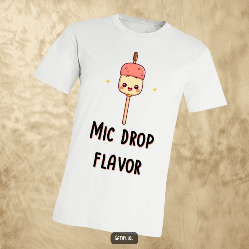 Funny t-shirt with a satay skewer holding its stick like a microphone, ready to perform a comedic song.