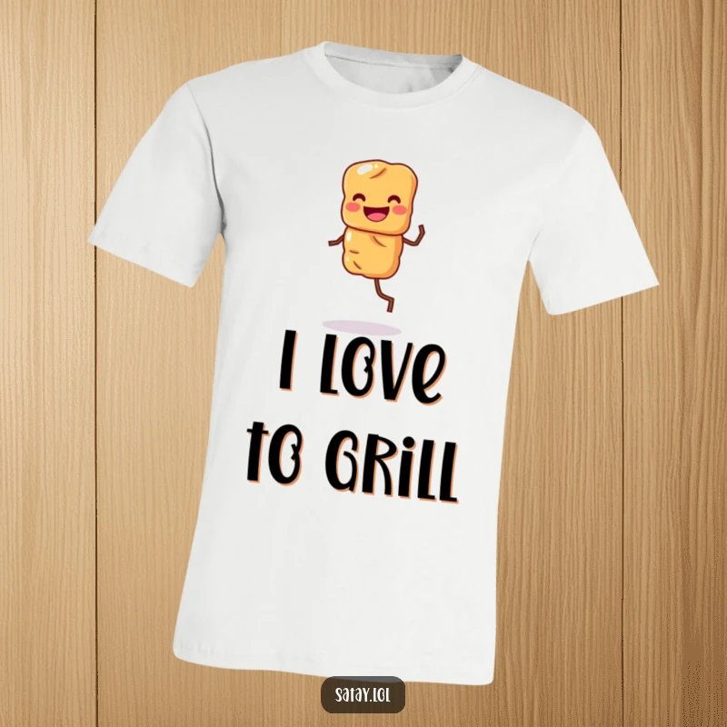 Funny t-shirt featuring a grinning satay skewer character with legs, energetically doing a happy jig.
