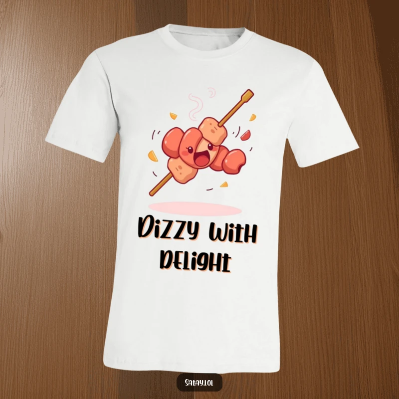 Funny satay skewer dancing t-shirt, a skewer doing a silly spin with whirling meat, a hilarious depiction of food fun.