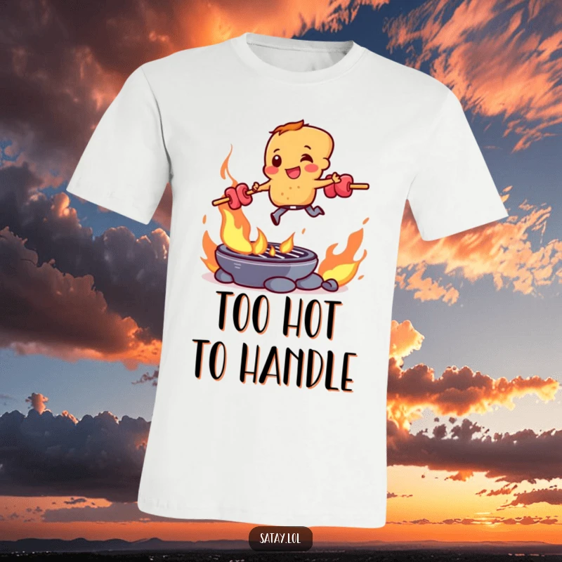 Funny satay skewer character executing an epic jump over a hot grill, perfect for a hilarious t-shirt.
