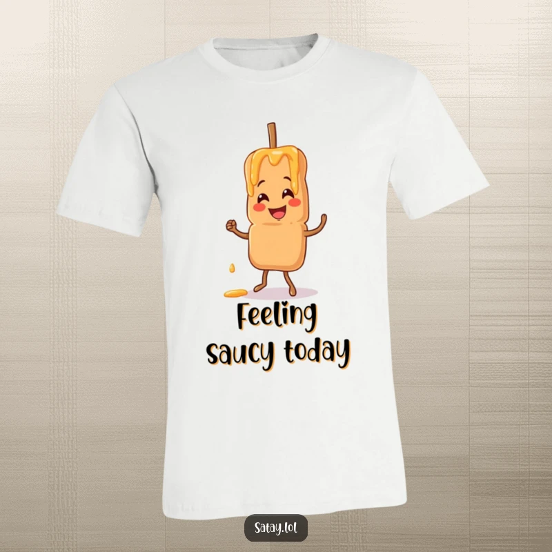Funny satay skewer t-shirt showing a smiling skewer dancing with peanut sauce drizzling, full of festive fun.