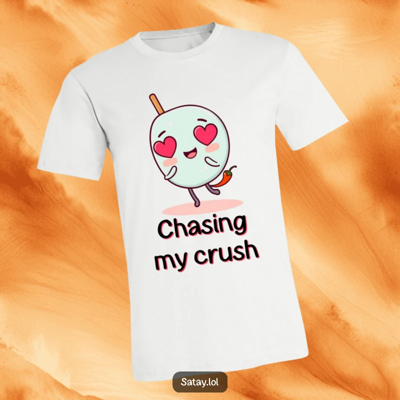 Funny satay skewer character t-shirt with heart eyes, being pursued by a tiny chili pepper, ideal for spicy food enthusiasts.