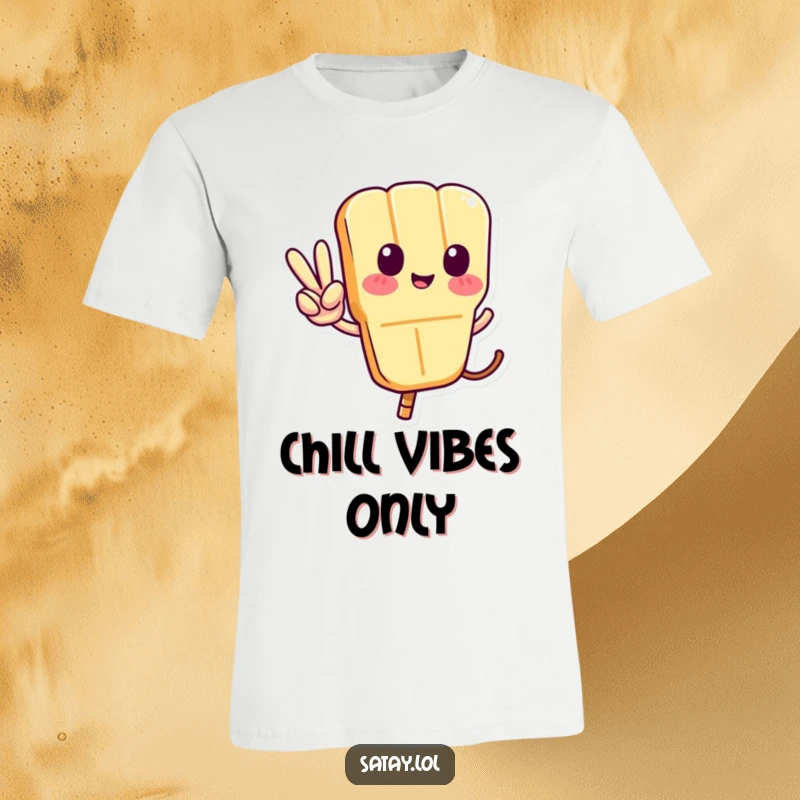 Funny Satay Skewer T-Shirt with a skewer character making a peace sign with its tail, exuding a cool and friendly aura.