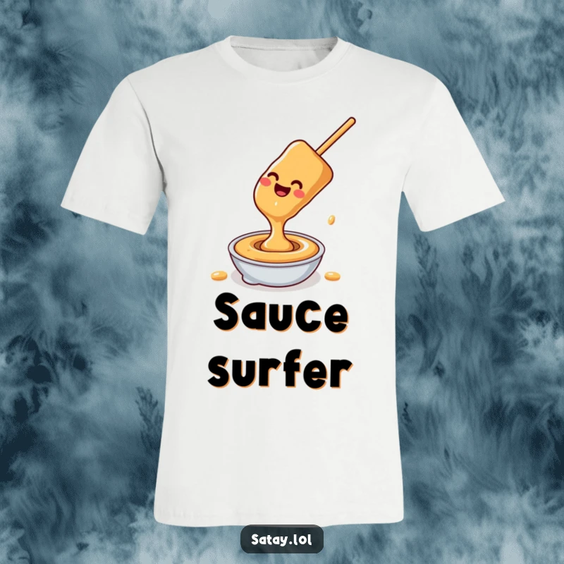 Funny satay skewer peanut sauce t-shirt, a happy skewer slides down peanut sauce, perfect for sauce lovers and humor fans.