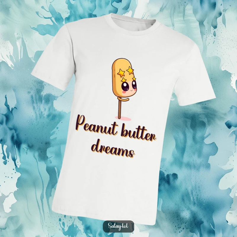 Funny Satay Skewer T-Shirt of a character with starry eyes admiring a giant peanut, symbolizing a strong craving.