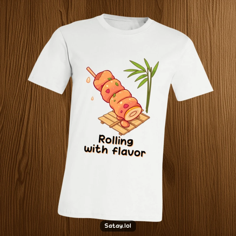 Funny satay skewer t-shirt, depicting a skewer merrily rolling down a bamboo mat, a playful and humorous food illustration.