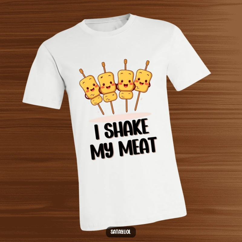 Funny Satay Skewers T-Shirt showing characters in a synchronized jig with joyous expressions, ideal for festive occasions.