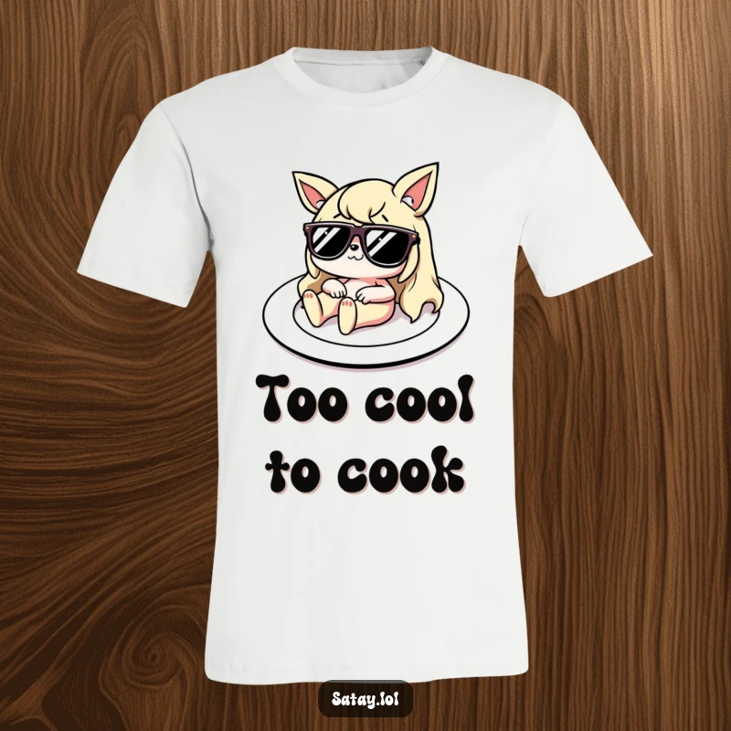 Funny T-Shirt: A satay character with tiny sunglasses relaxes on a plate, looking like a sunbed, radiating cool and humorous vibes.