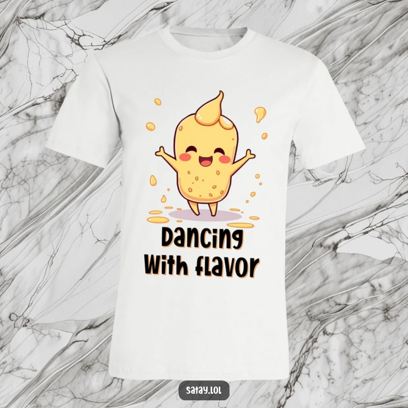 Funny t-shirt depicting a satay character doing a spontaneous happy dance, with vibrant sauce splatters around.