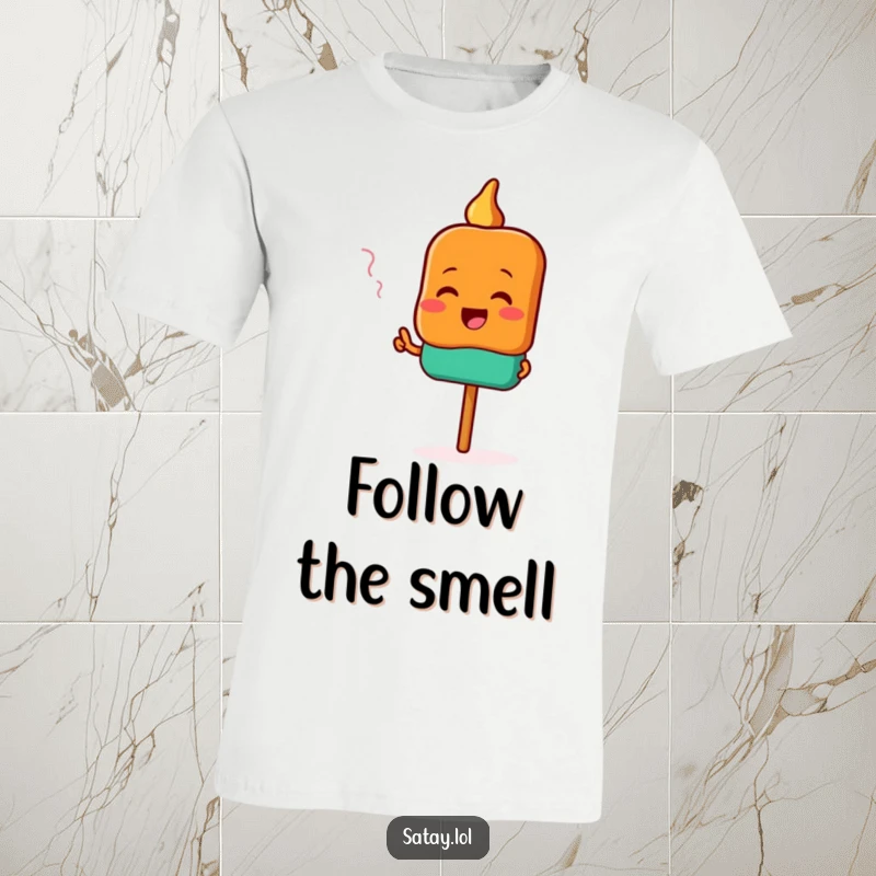 Funny satay t-shirt featuring a cheerful satay skewer character enthusiastically pointing towards an unseen, delicious aroma.