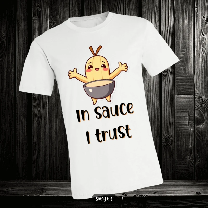Funny t-shirt depicting a satay character with open arms, embracing a bowl of delicious dipping sauce.