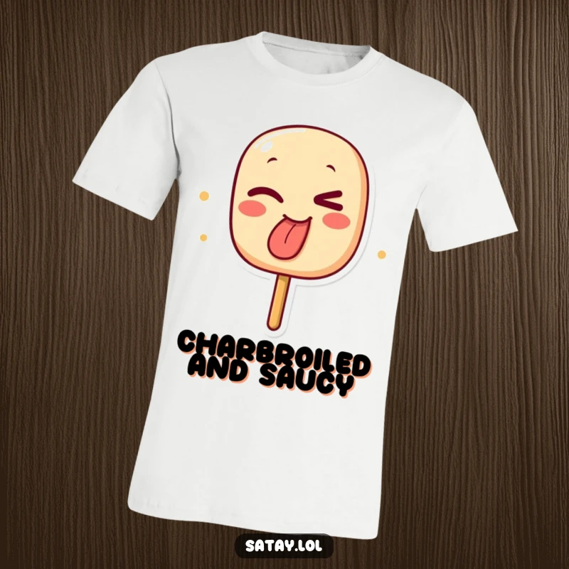 Funny t-shirt featuring a winking satay skewer with a char-marked tongue sticking out, perfect for BBQ lovers.