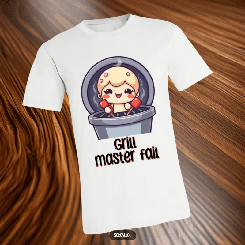 Funny satay skewer character t-shirt, peeking from a grill with a comical face, ideal for barbecues and casual outings.