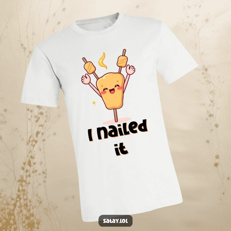 Funny t-shirt depicting a satay skewer with arms thrown in the air, celebrating enthusiastically.