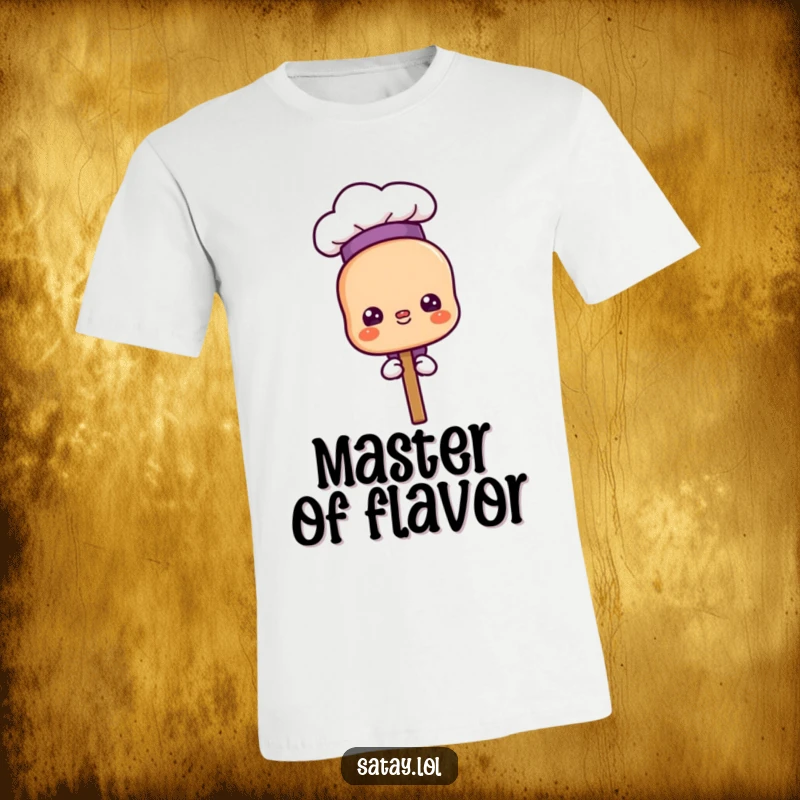 Funny proud chef satay skewer t-shirt, wearing a tiny chef hat with a proud look, comfortable and stylish.