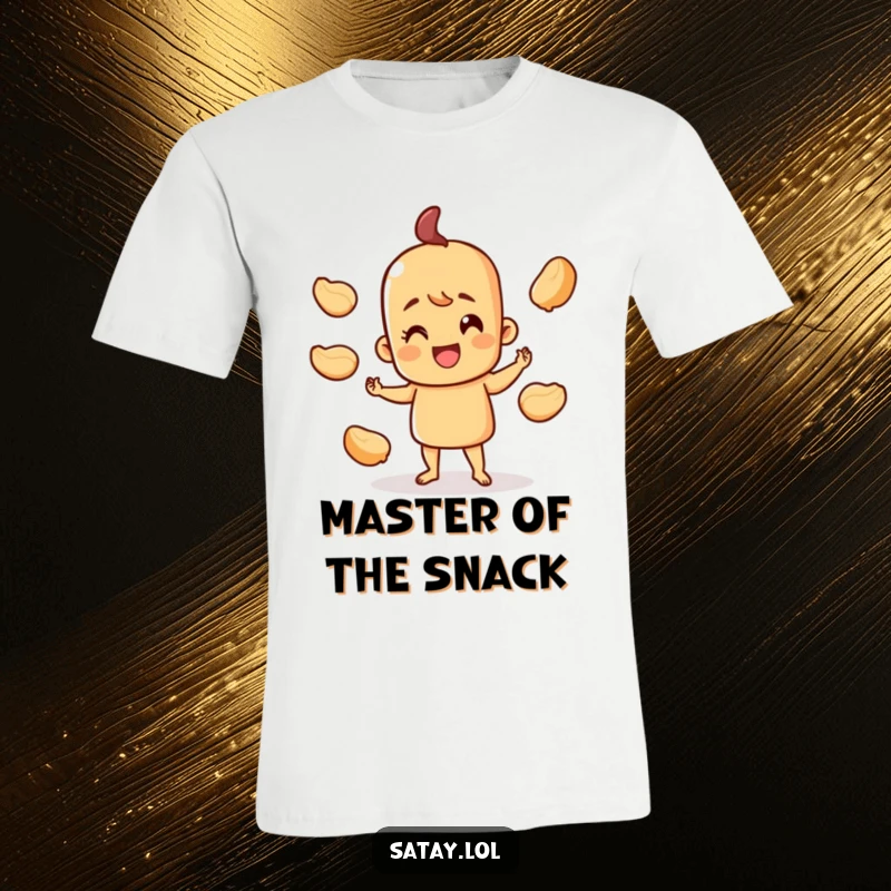 Funny happy satay skewer t-shirt, character juggling peanut shells with a smile, soft and comfortable for everyday wear.
