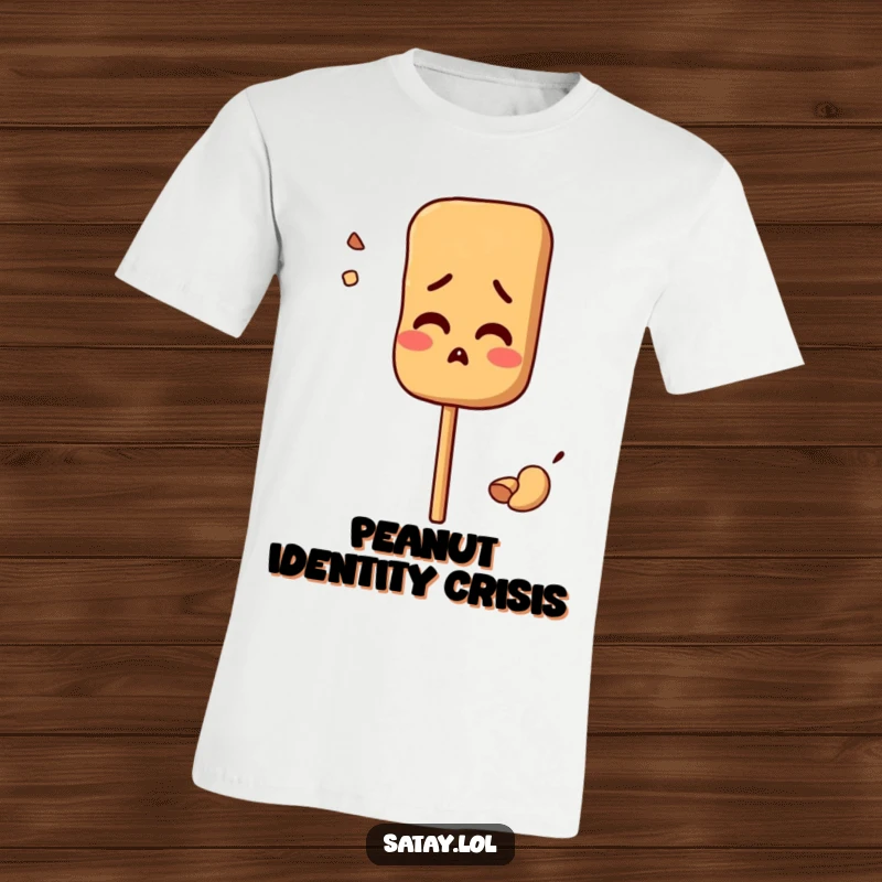 Funny t-shirt featuring a satay skewer character looking comically confused, with a single peanut out of place.