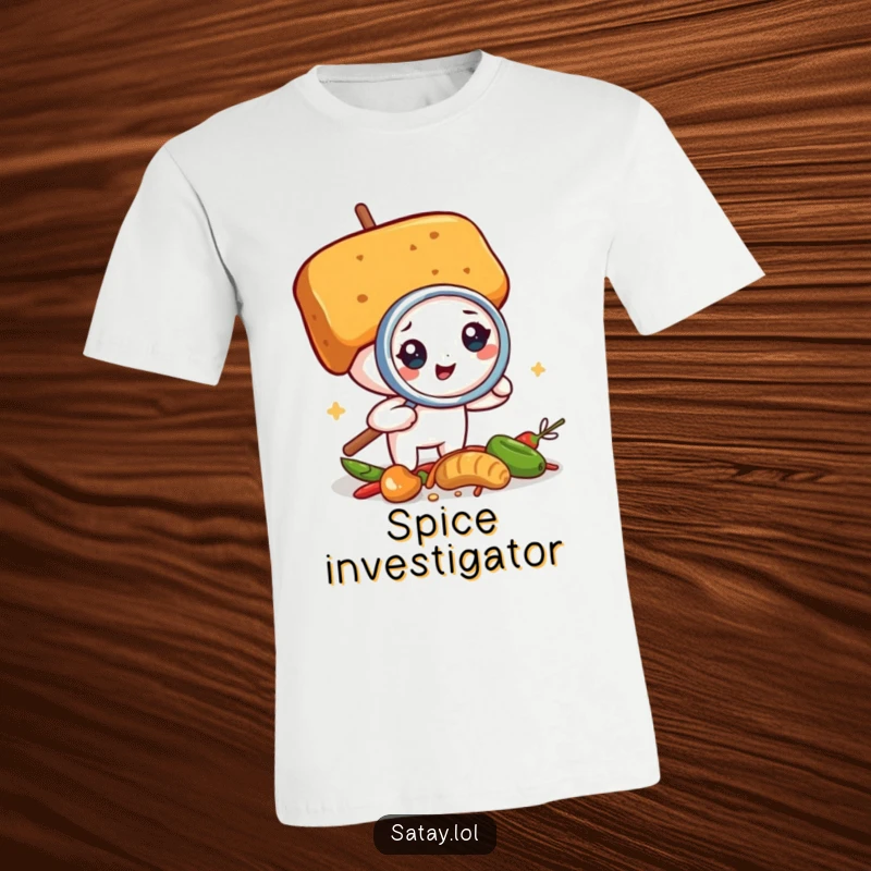 Funny satay skewer detective t-shirt, a skewer using a magnifying glass on spices, representing a funny pursuit of taste.