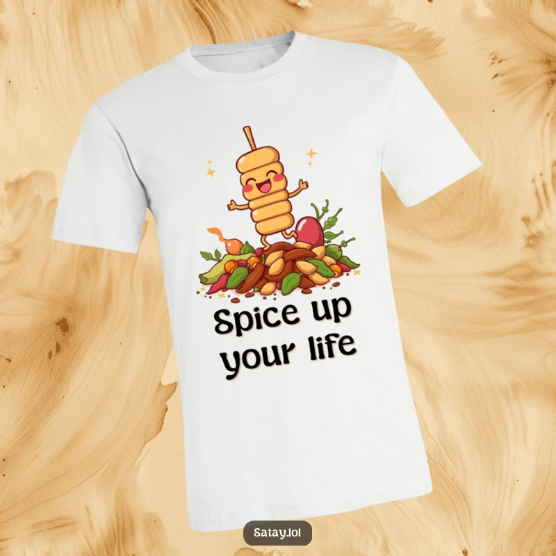Funny giggling satay skewer animatedly hopping on spices, printed on a t-shirt, celebrating food and fun.