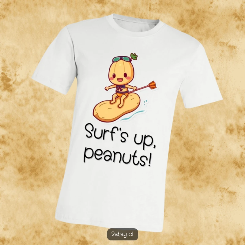 Funny Satay Skewer T-Shirt illustrating a skewer character confidently surfing on a peanut, capturing a moment of pure, nutty action.