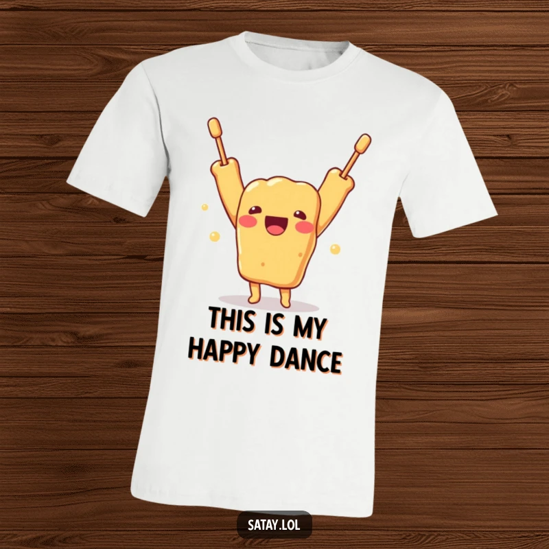 Funny t-shirt showcasing a delighted satay skewer character with arms raised in ecstatic celebration, perfect for food lovers.