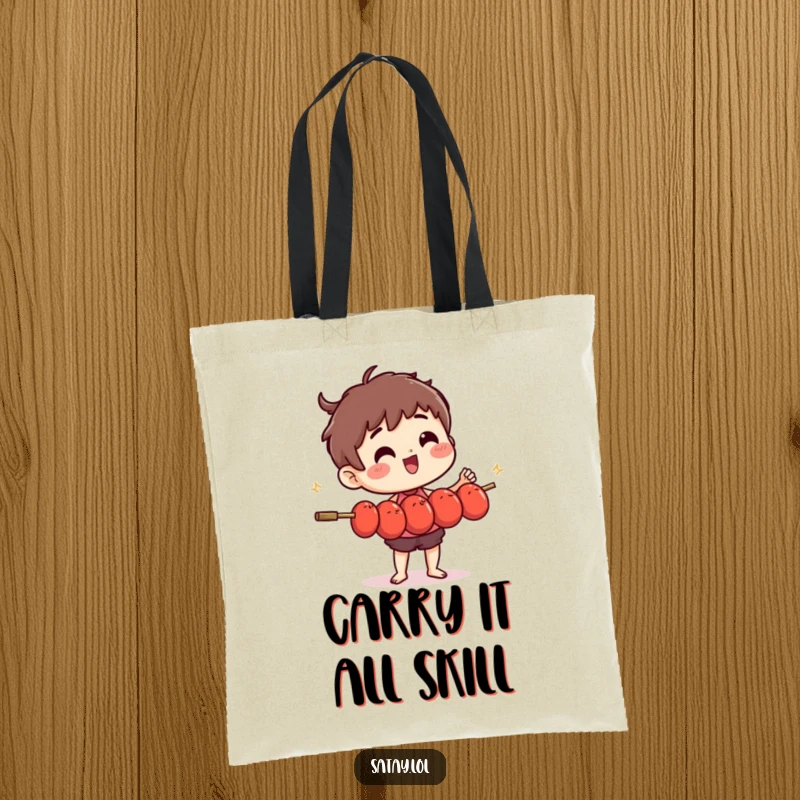 Funny satay skewer character artistically juggling small, wiggling meatballs on a durable tote bag.