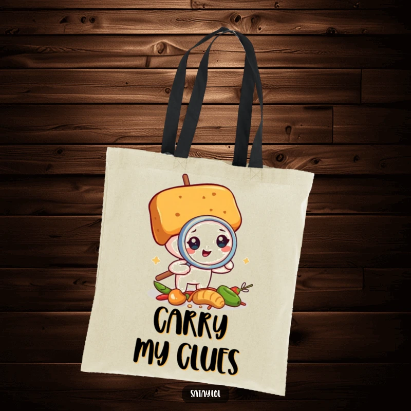 Funny satay skewer detective tote bag, a skewer examining spices with a magnifying glass, a humorous and functional bag.