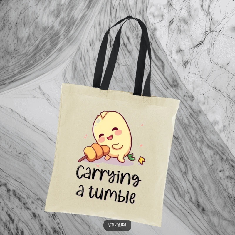 Funny tote bag featuring a satay skewer character comically tripping over its own stick, ideal for clumsy people.