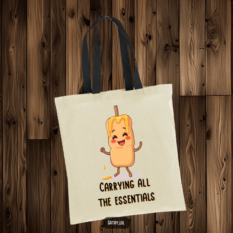 Funny satay skewer tote bag with a smiling skewer dancing and peanut sauce drizzling, great for grocery runs.