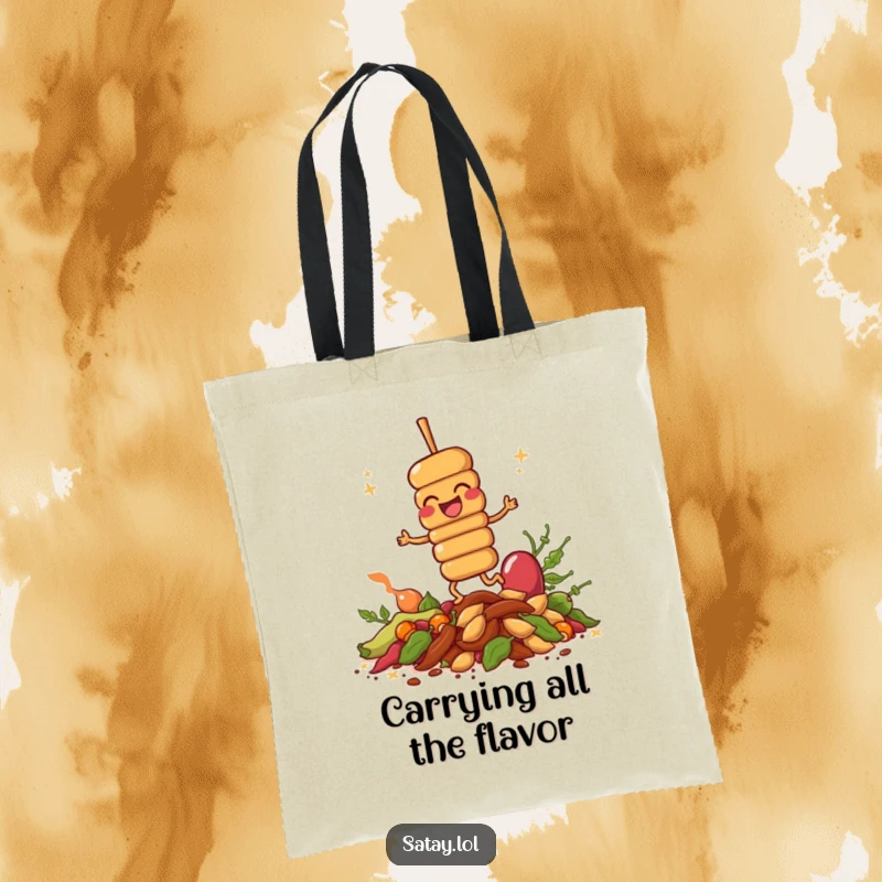 Funny giggling satay skewer on a durable tote bag, hopping on spices, perfect for carrying groceries with foodie flair.